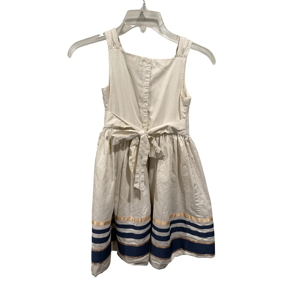 Janie and Jack Girls Dress Cream Navy Gold Striped Hem Fit and Flare Size 8